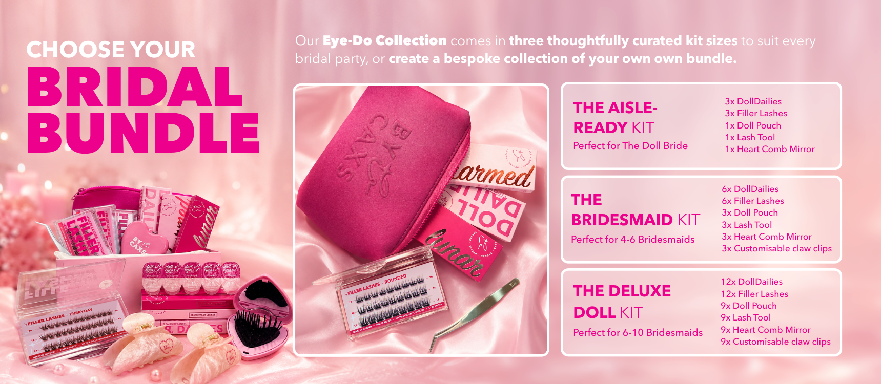 byCaxs Eye-Do Curation wedding bridal bundle menu showcasing custom contact lenses and pre-bonded lashes packages.
